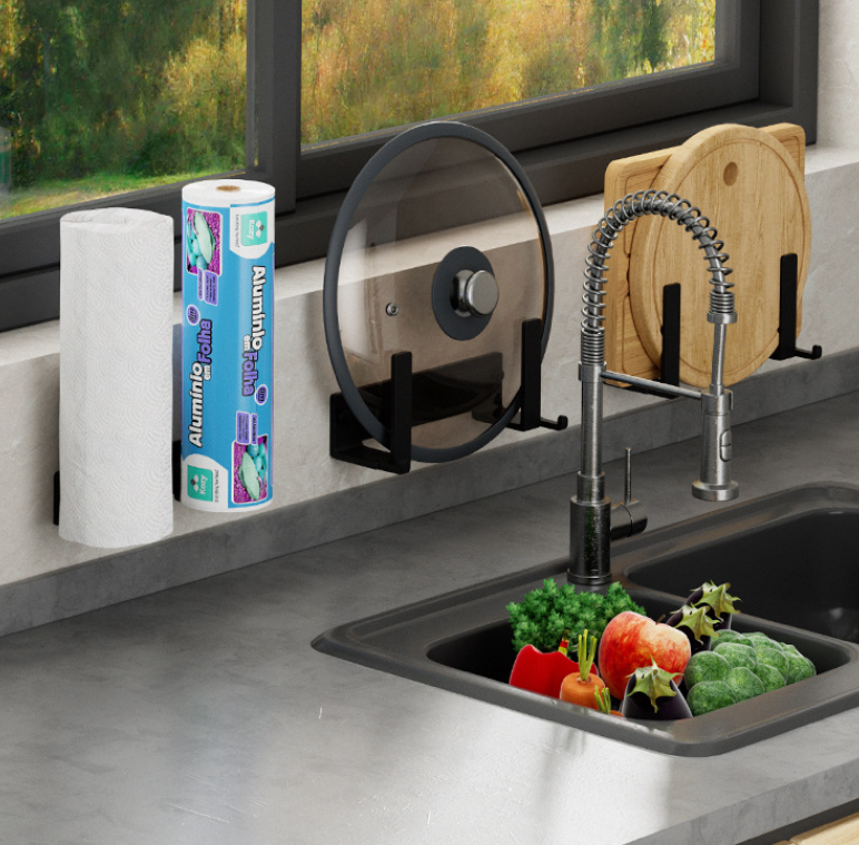 Estante para tapa de ollas, estante de pared sin perforaciones, estante para colocar platos de verduras para el hogar, organizador de tablas de cortar